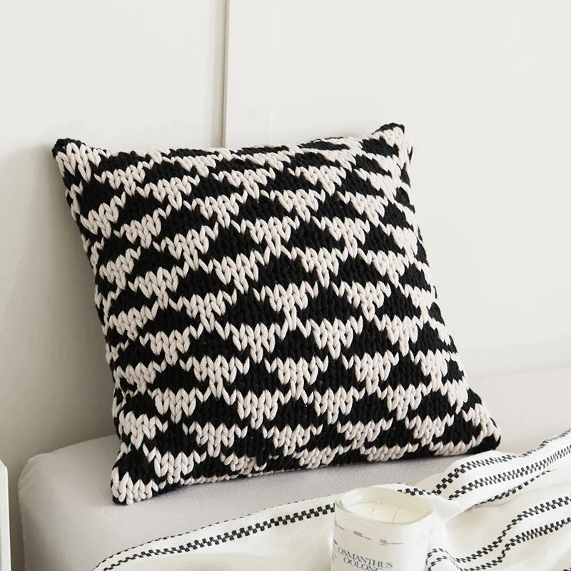 Afralia™ Geo Knit Stripe Woven Square Pillow 45x45cm Black Ivory Insets