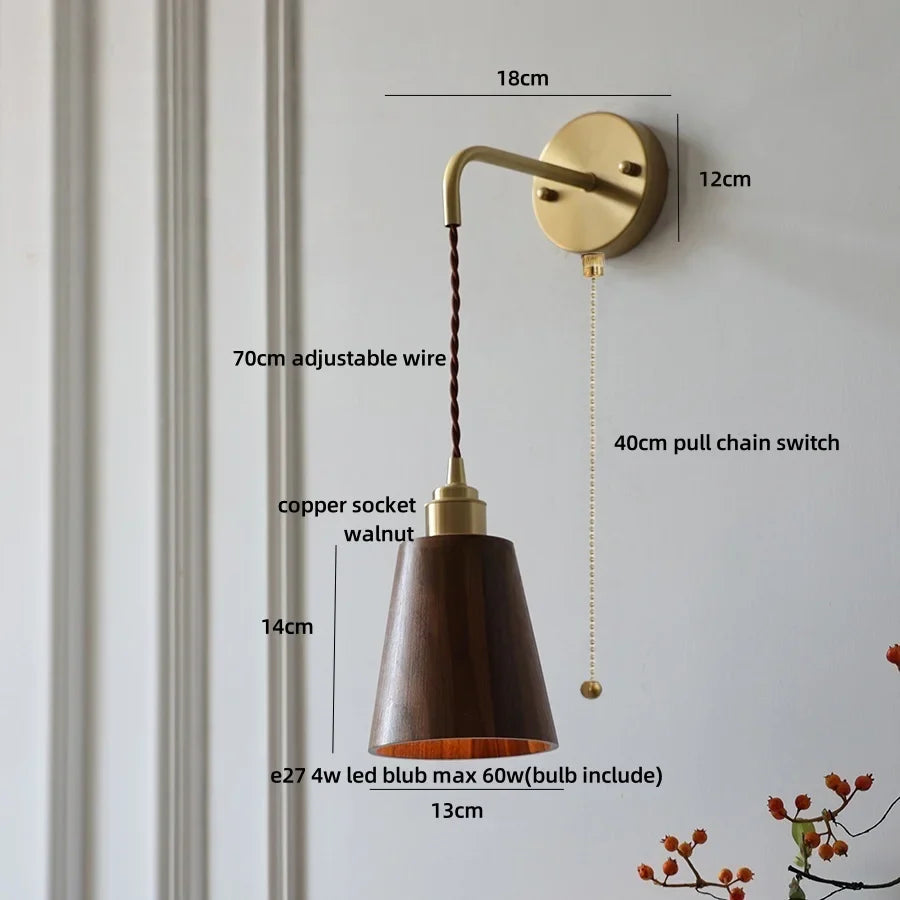 Afralia™ Ash Wood LED Wall Lamp with Pull Chain Switch for Home Decor