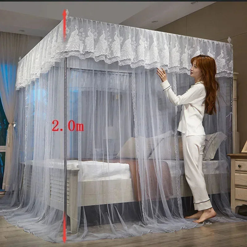 Afralia™ Lace Palace Mosquito Net Tent for Queen/Double Bed with Stainless Steel Frame