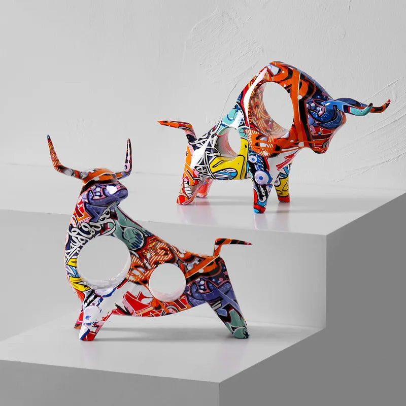 Afralia™ Colorful Bull Statue Home Decor Abstract Figurine Living Room TV Cabinet Ornament