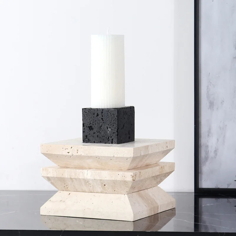 Travertine Marble Candle Holder by Afralia™ - Elegant Table Centerpiece & Home Decor