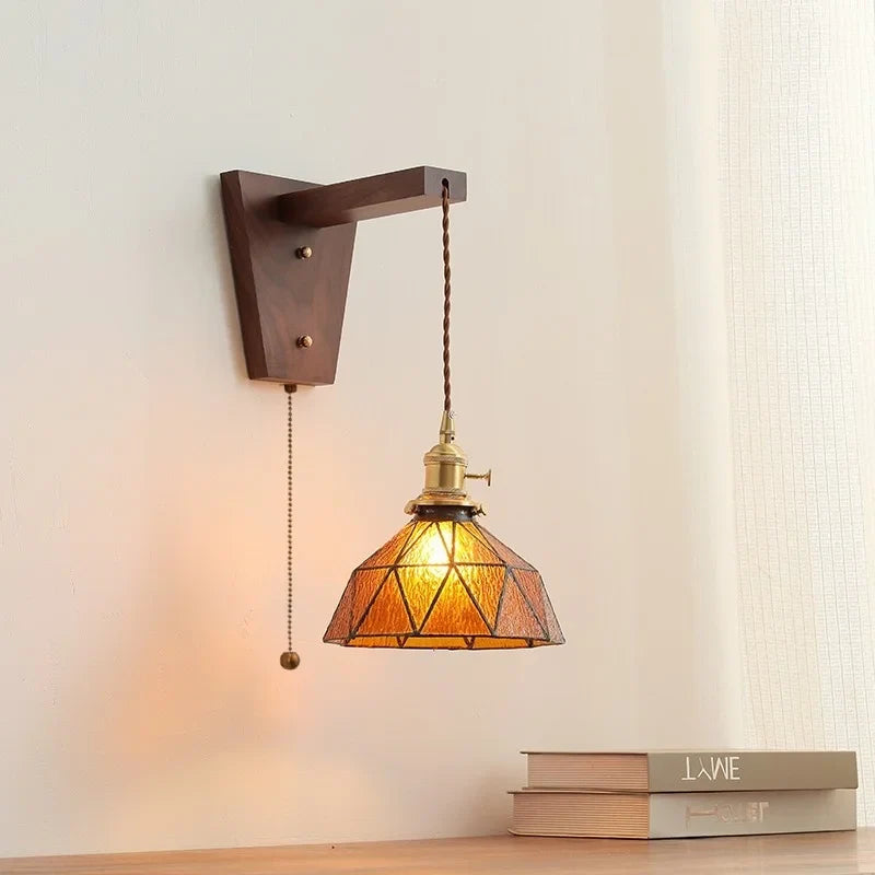 Afralia™ Walnut Glass LED Wall Light Fixture | Modern Bedroom Bathroom Living Room Lamp