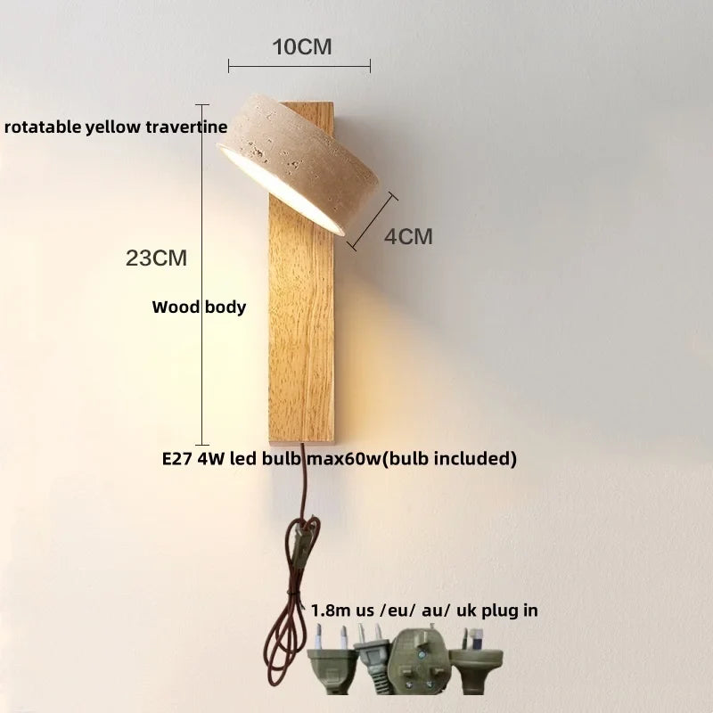 Afralia™ Yellow Travertine Wood Canopy LED Wall Light, Japan Style Bedside Lamp