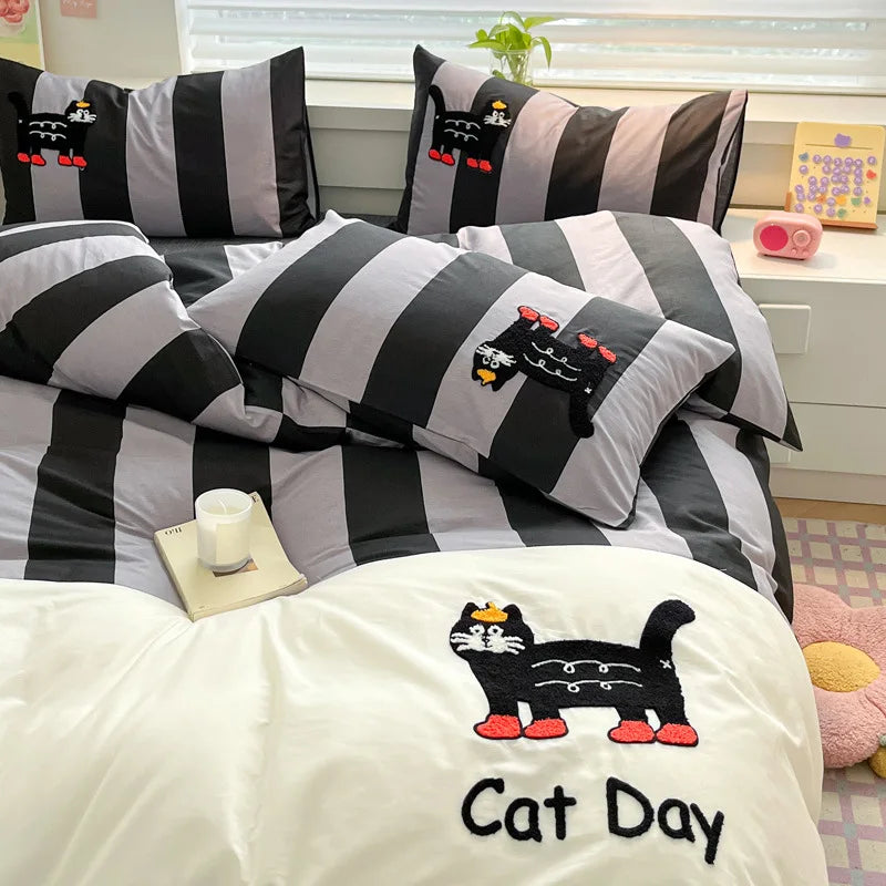 Afralia™ Cat Embroidery Stripes Bedding Set - Single Queen Size Bedclothes