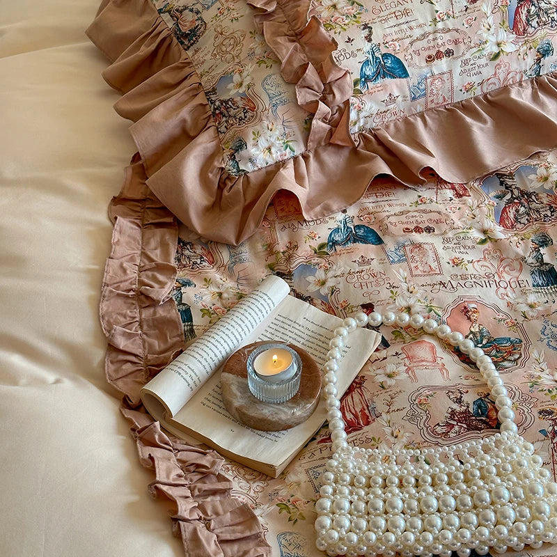 Afralia™ 100% Cotton French Print Lace Ruffles Bedding Set - 4 Piece Bed Sets