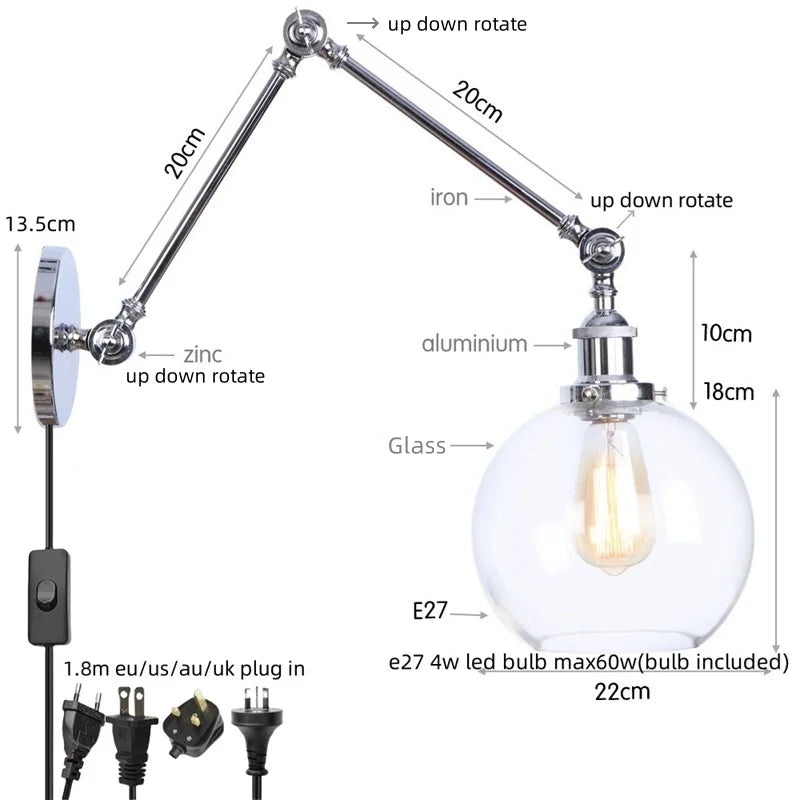 Afralia™ Chrome Industrial LED Wall Sconce Swing Arm Clear Glass Lamp