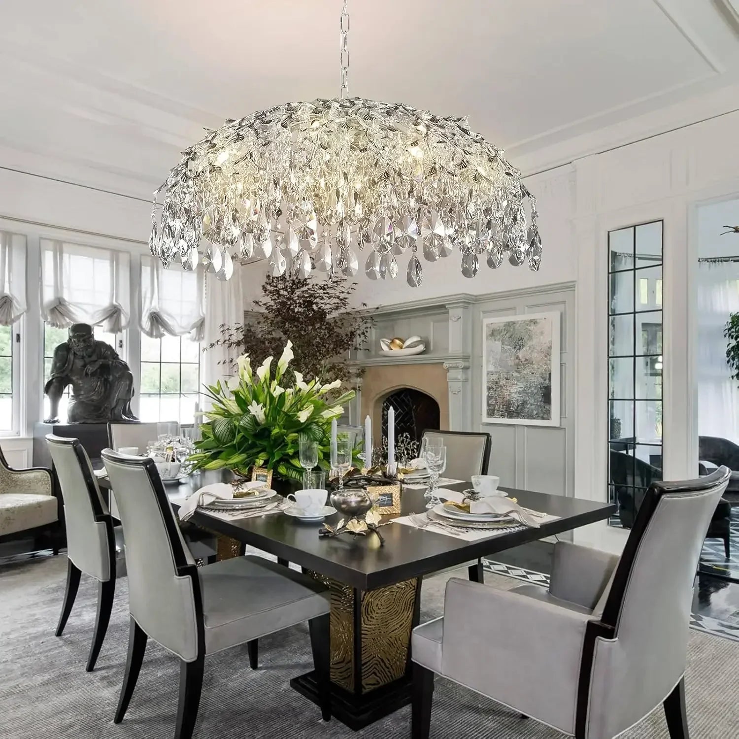 Afralia™ Silver Crystal Chandelier for Living Room Dining Kitchen Bedroom