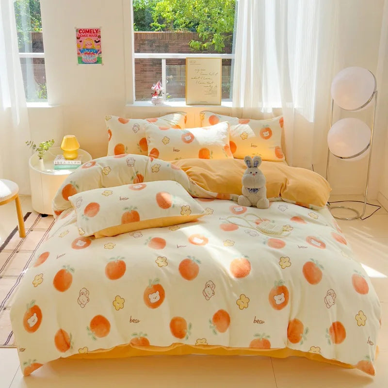 Afralia™ Snowflake Velvet Cute Cartoon Flower Bedding Set for Single Queen