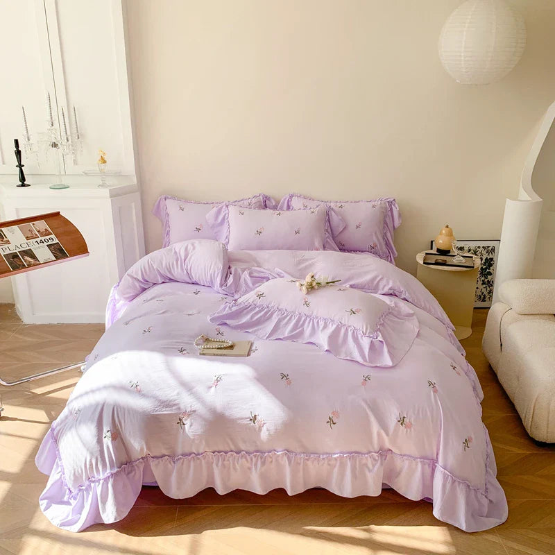 Afralia™ Rose Flowers Ruffle Lace Bedding Set, Washed Cotton Duvet Cover, Skin Friendly