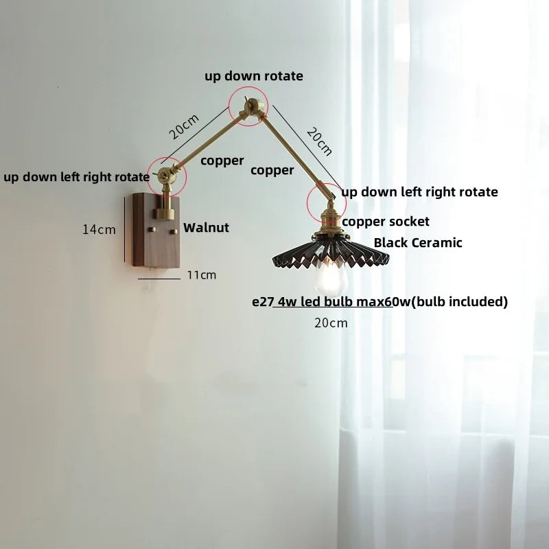 Afralia™ Rotatable 2 Swing Arms LED Wall Lamps, Walnut Wood Nordic Modern Ceramic Stair Light