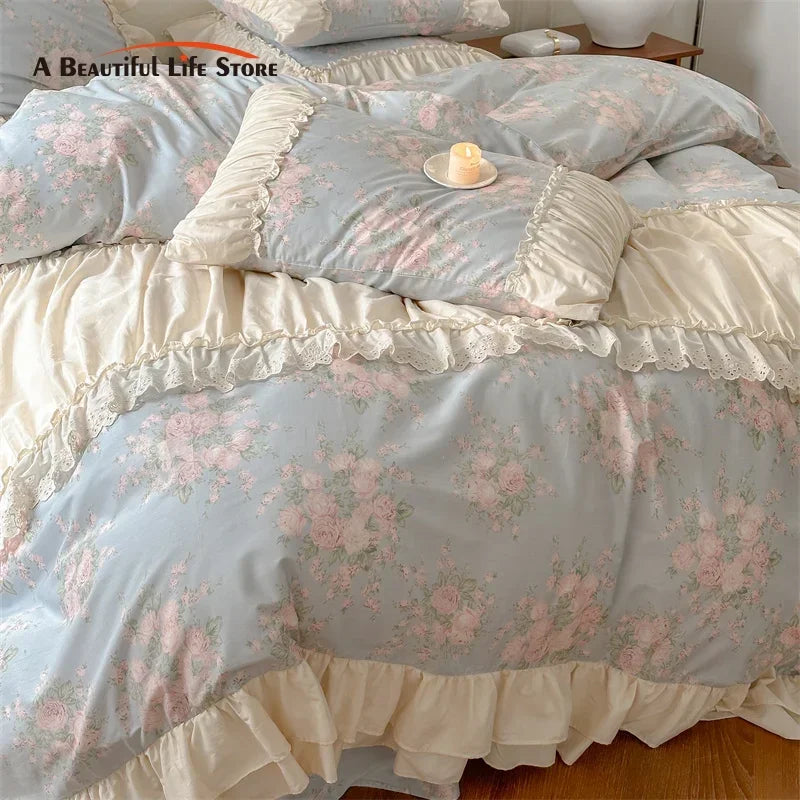 Afralia™ French Floral Bedding Set: Vintage Country Flowers with Ruffles, Duvet Cover, Flat Sheet & Pillowcases