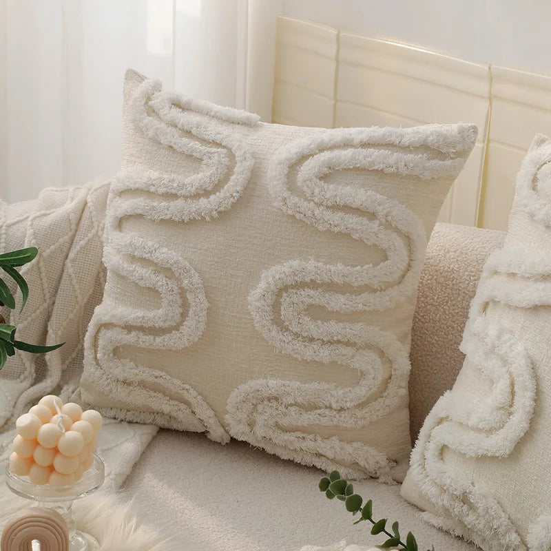 Afralia™ Geometric Waves Tufted Pillow Covers with Embroidered Tassels