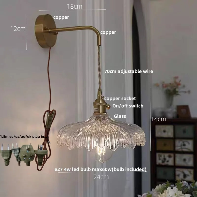 Afralia™ Amber Vintage LED Wall Light Glass Copper Pull Chain Switch Hallway Lamp