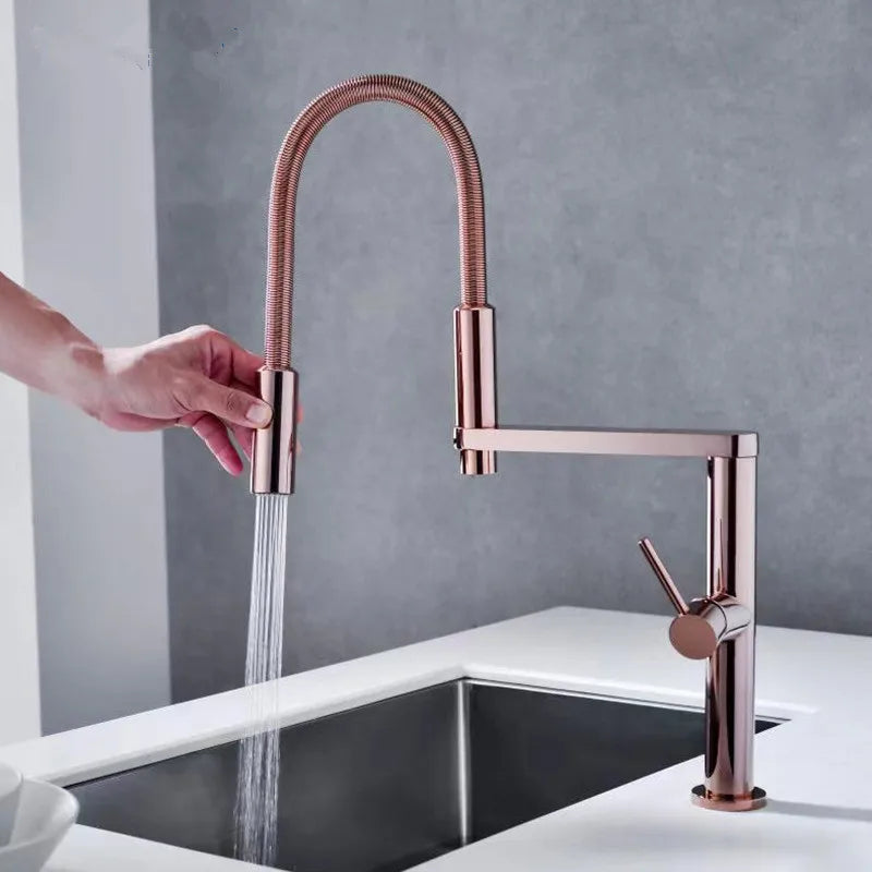 Afralia™ Gold Brass Kitchen Faucet with Foldable Pull Down Spring Spout Mixer Tap