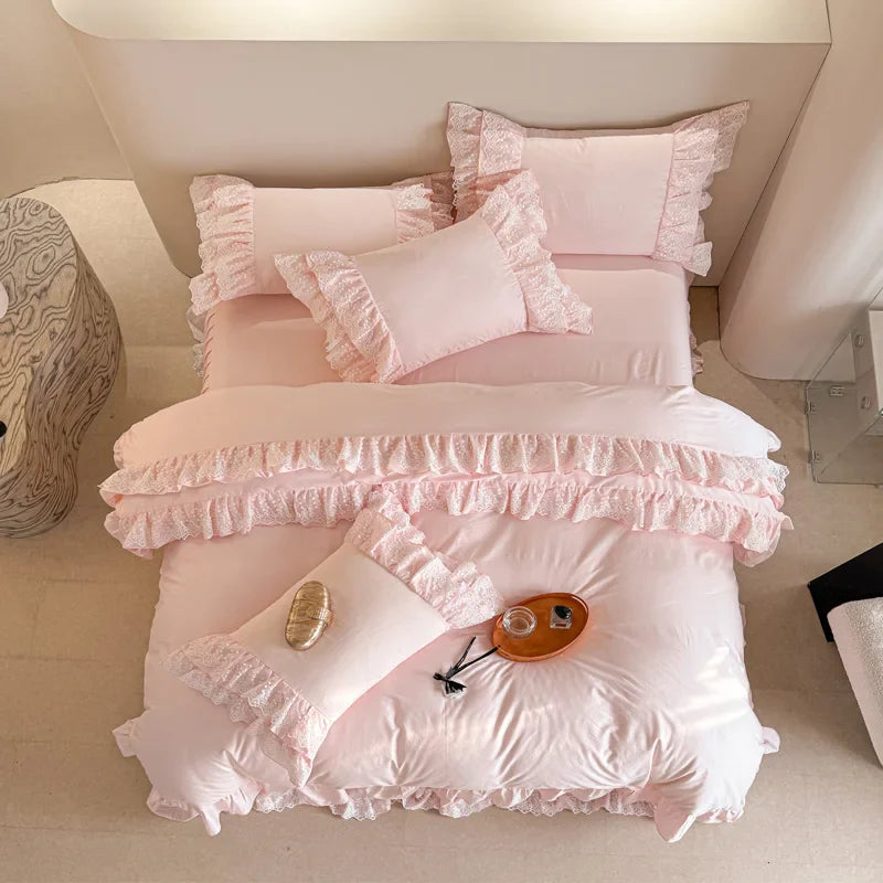 Afralia™ Pink Lace Ruffles Princess Style Cotton Bedding Set with Bed Skirt and Pillowcases
