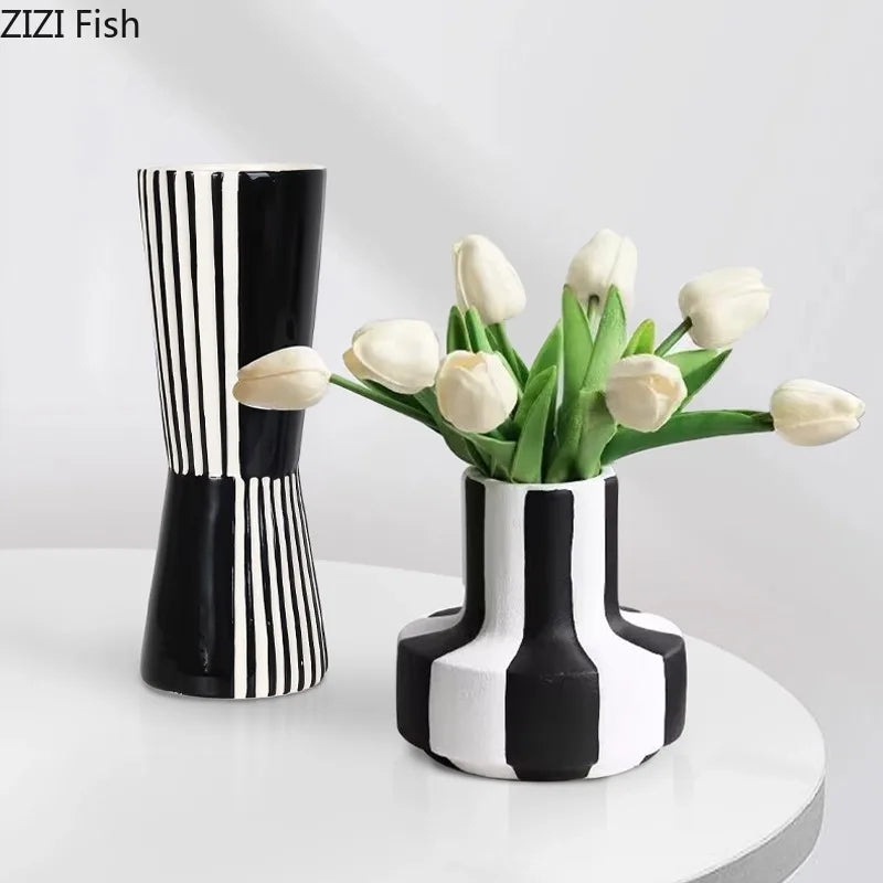 Afralia™ Striped Ceramic Vase - Geometric Pattern Room Decor
