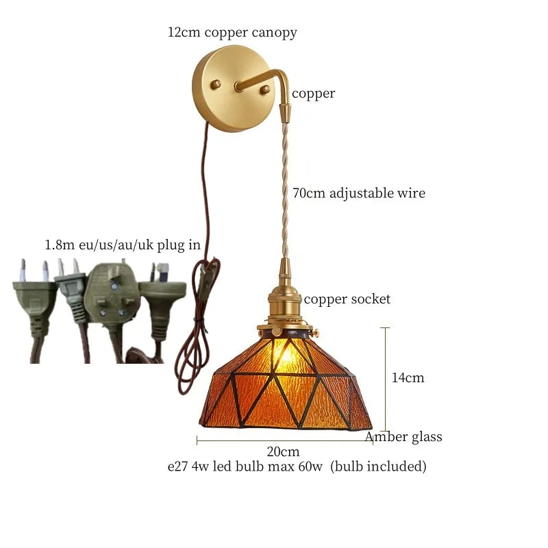 Afralia™ Tiffany Glass LED Wall Lamp Pull Chain Switch Vintage Copper Wall Lights