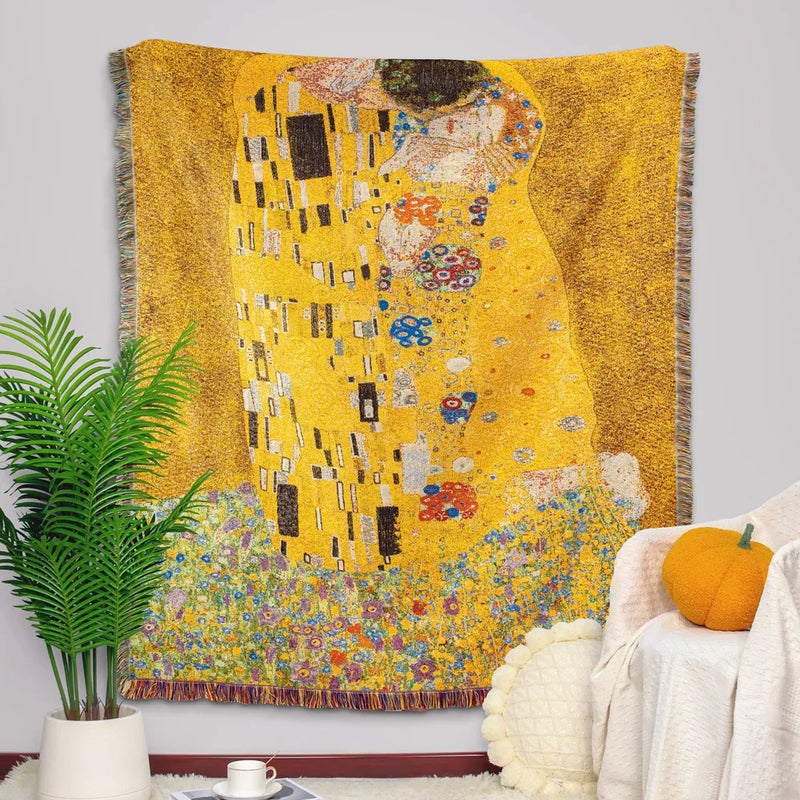 Afralia™ Gustav Klimt The Kiss Art Pattern Cotton Fabric Blanket