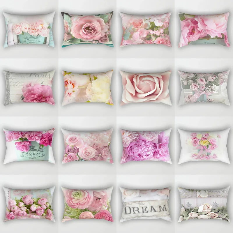 Afralia™ Pink Flower Pillowcase: Living Room Sofa Chair Waist Throw Cushion Cover