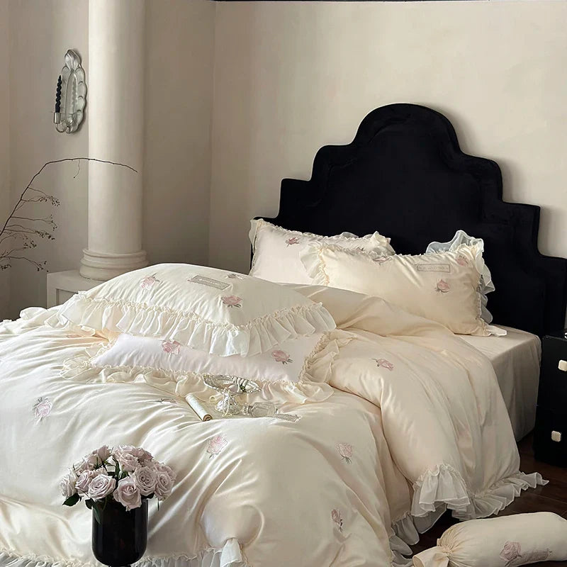 Afralia™ Rose Flowers Embroidery Lace Ruffles Cotton Brushed Bedding Set