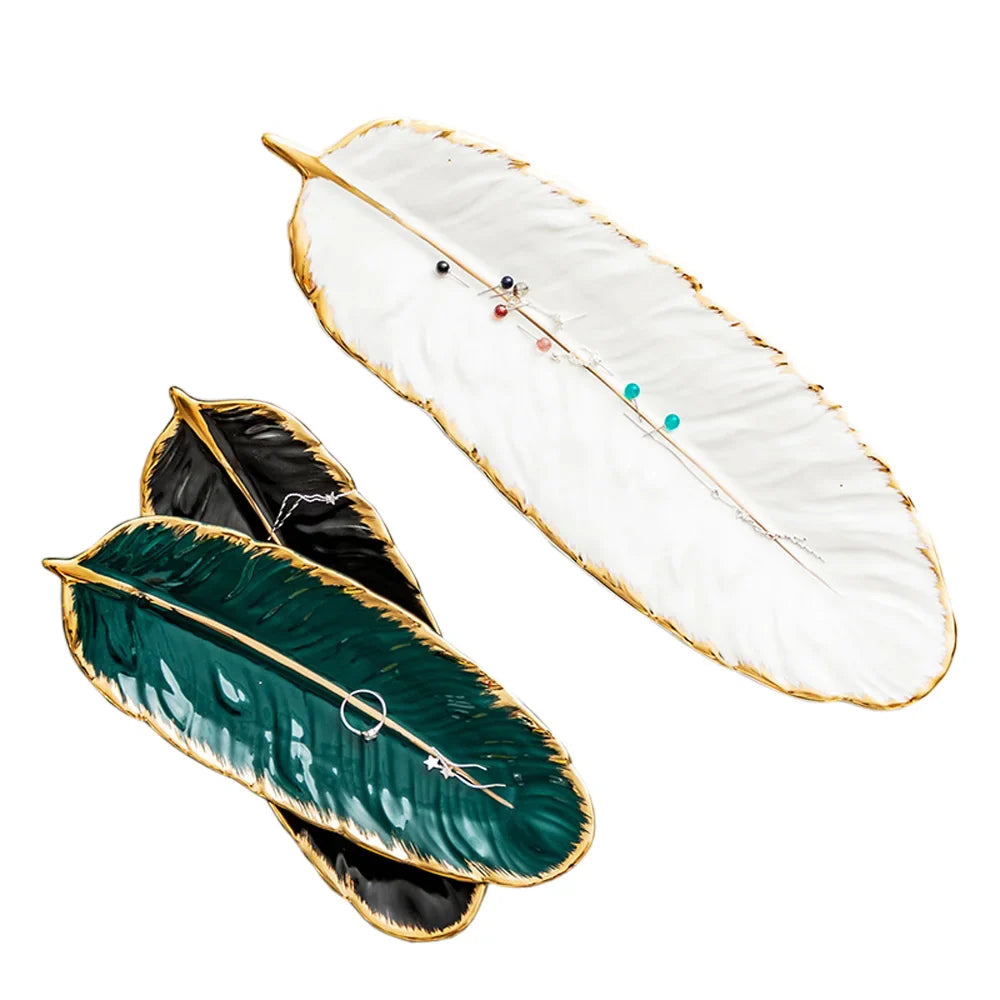 Afralia™ Feather Design Ceramic Plate Set - Tableware Accessories & Jewelry Tray