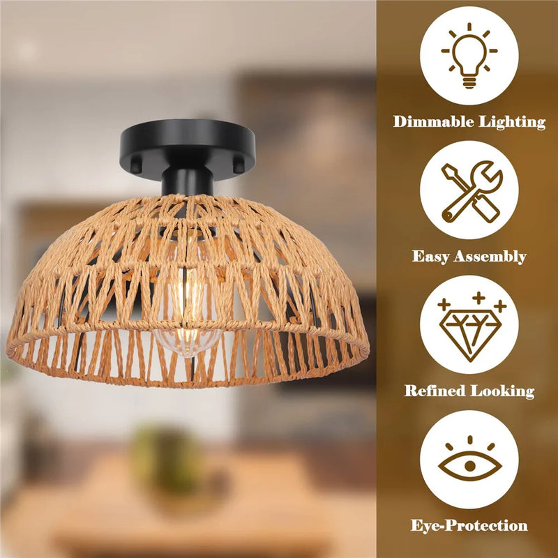 Afralia™ Rustic Woven Basket Ceiling Light for Living Room Bedroom Kitchen Island