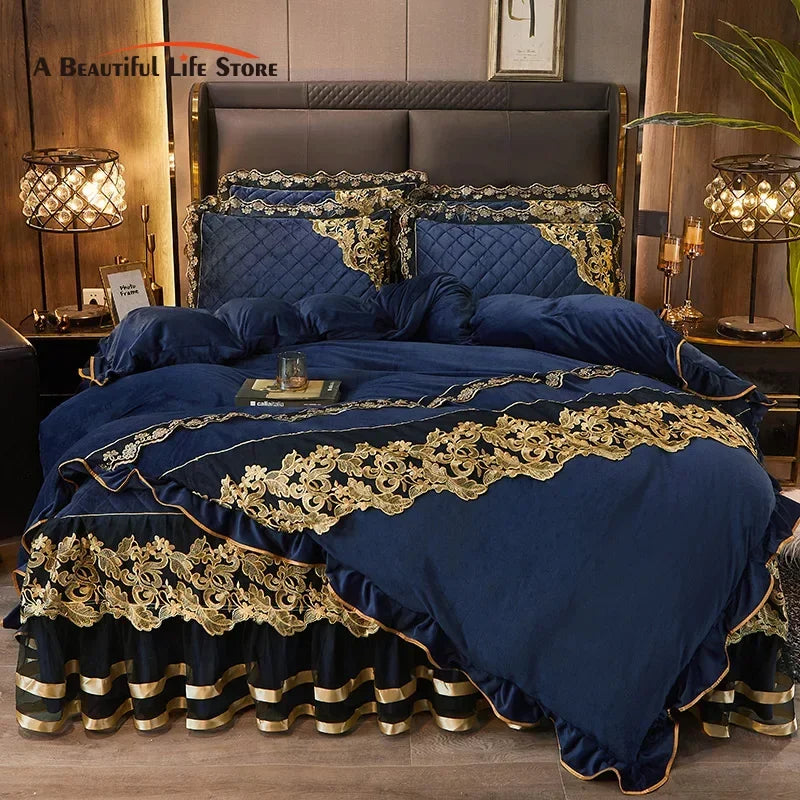 Afralia™ Black Gold Lace Duvet Set, Luxury Crystal Velvet, Quilted Embroidery, Ruffle Bedding