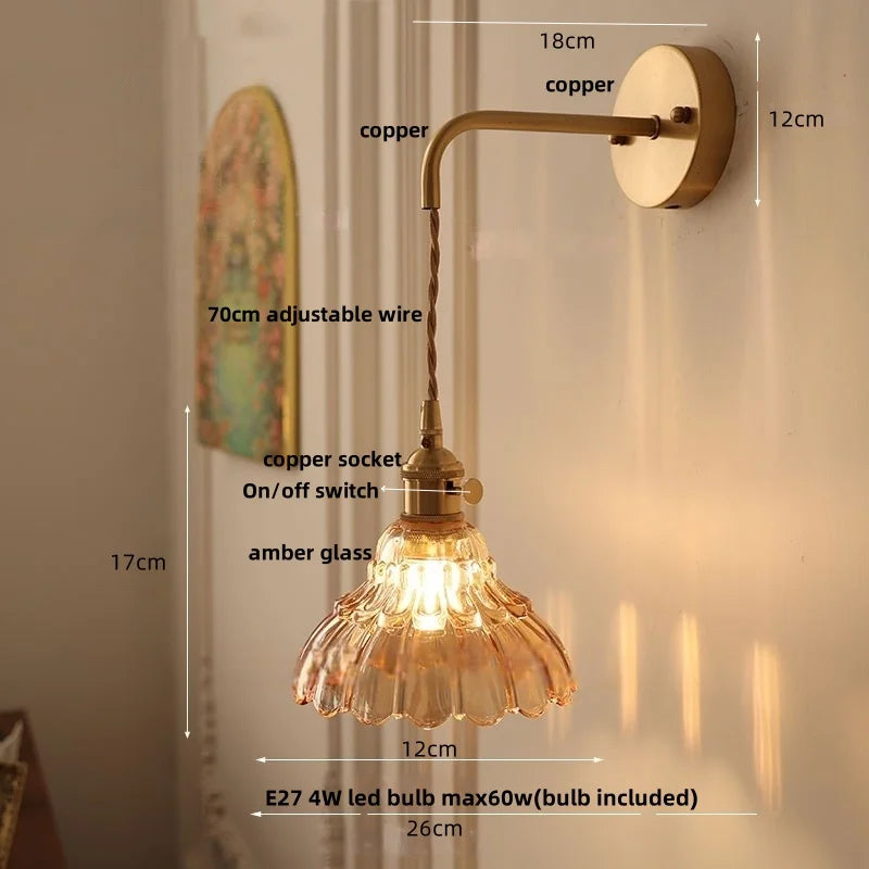 Afralia™ Amber Glass LED Wall Light with Pull Chain Switch, Modern Nordic Flower Wall Sconce