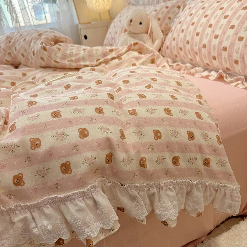 Afralia™ Floral Lace Ruffles Bedding Set in 100% Cotton, Korean Style, Single/Queen/King Size