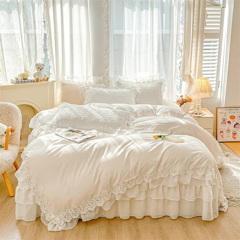 Afralia™ Lace Ruffles Princess Style 100% Cotton Bedding Set