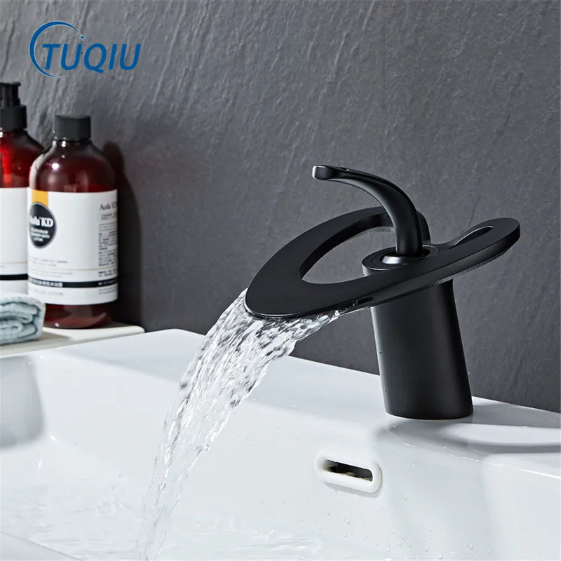 Afralia™ Black Gray Brass Waterfall Basin Faucet Hot Cold Mixer Tap White Gold