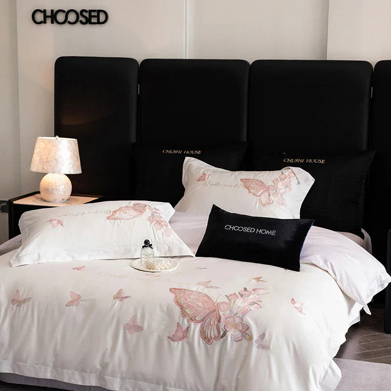 Afralia™ Pink Butterfly Flowers 1000TC Egyptian Cotton Bedding Set - 4Pcs