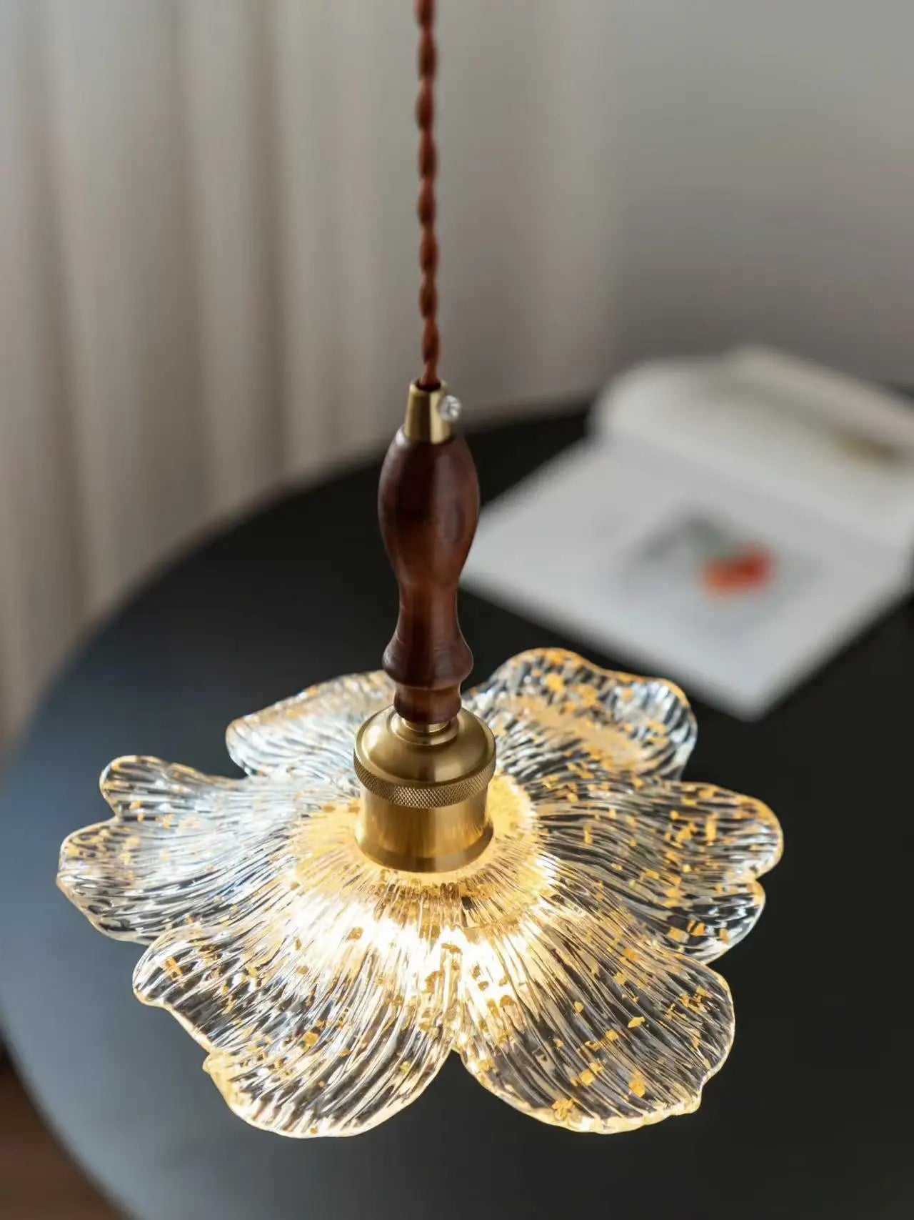 Afralia™ Walnut Wood Petal Pendant Lamp - Three Headed Lotus Rhyme Table Lamp