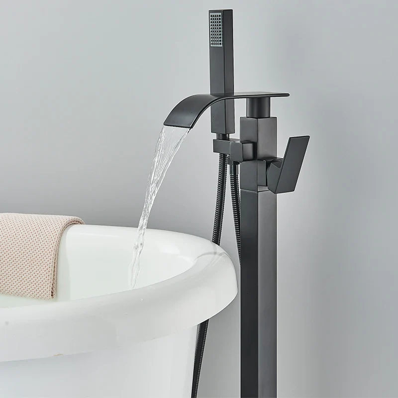 Afralia™ Matte Black Floor Standing Bathtub Faucet Shower Mixer Tap Waterfall Style