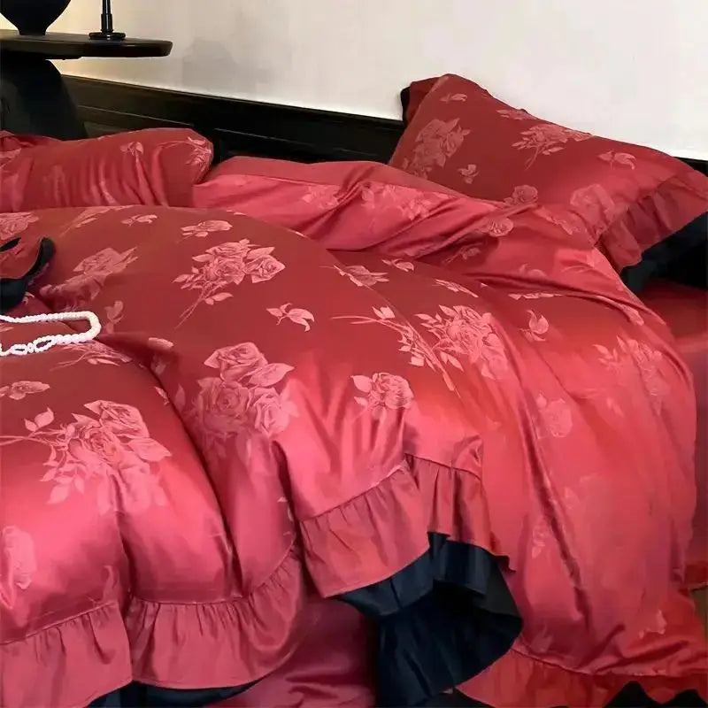 Afralia™ Vintage French Ruffles Black Edge Rose Jacquard Bedding Set & Sheet Set