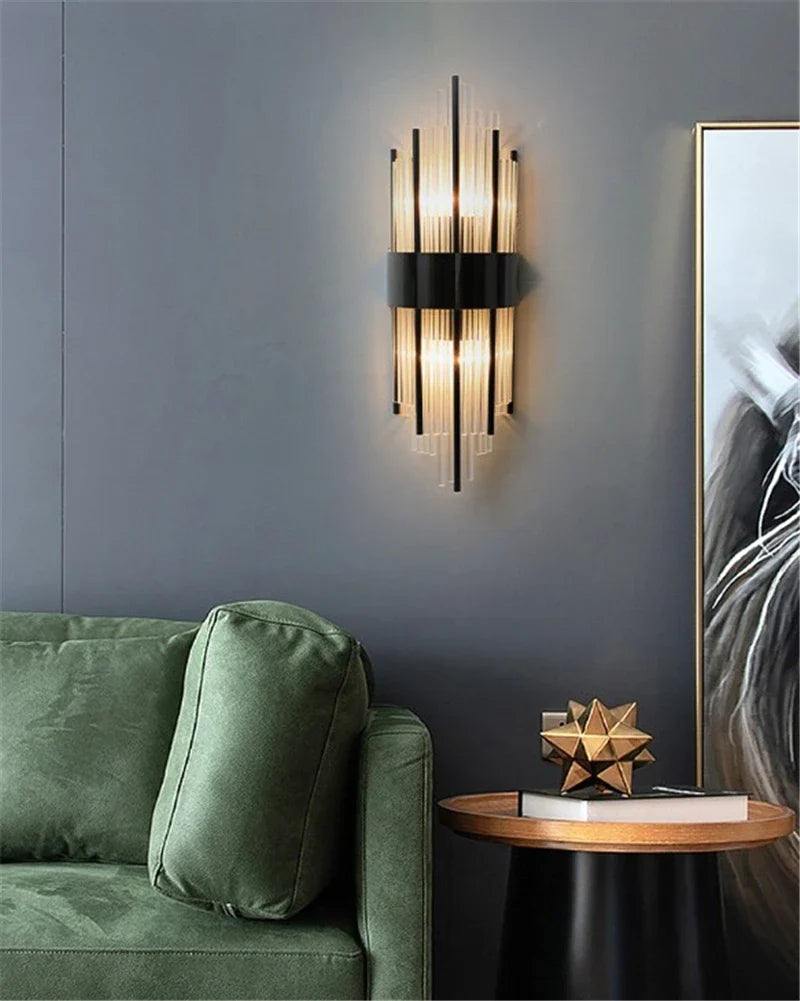 Afralia™ Black Gold Crystal Wall Lights Modern LED Sconce for Bedroom Living Room