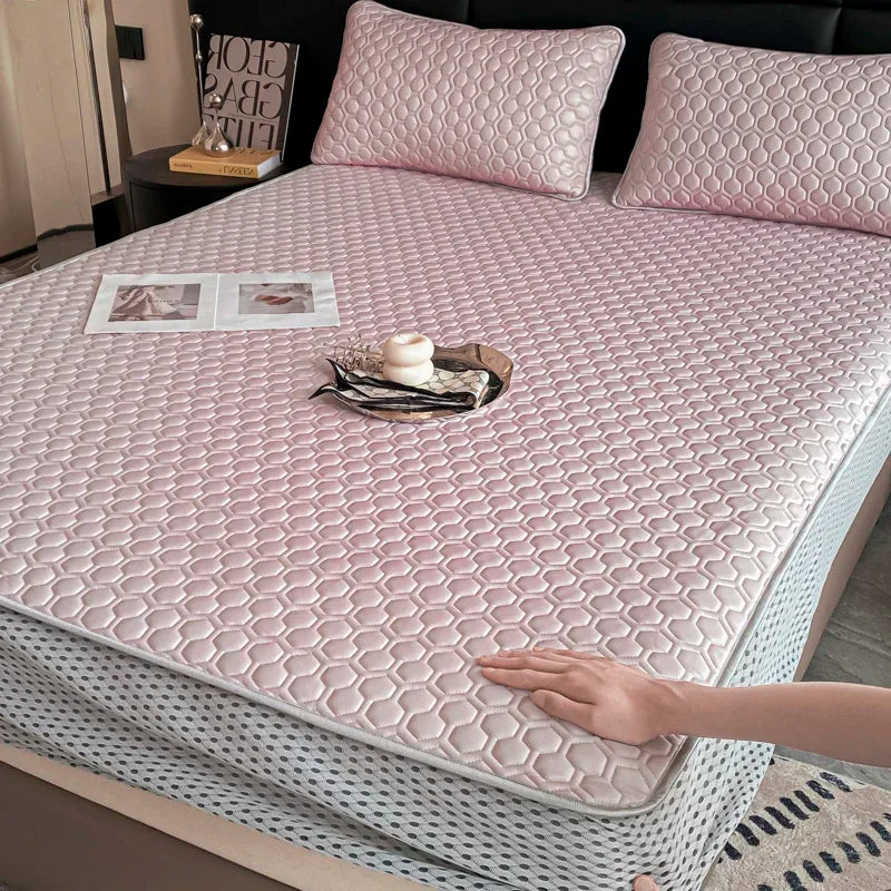 Afralia™ Queen Size Cooling Fitted Sheet Set - Soft Latex Ice Silk Mat & Pillowcase
