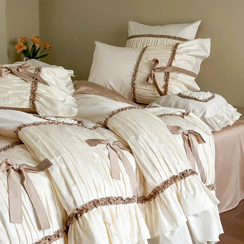 Afralia™ Romantic Bow Pleat Lace Ruffles Bedding Set Silky Duvet Cover Sheet Pillowcase