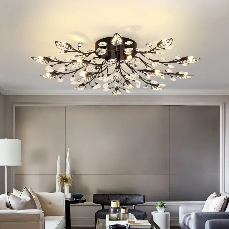 Afralia™ Modern Black Gold Leaves Crystal LED Ceiling Lamp for Living Room Bedroom