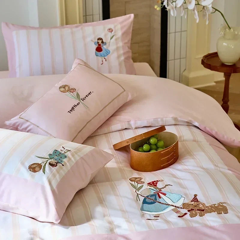 Afralia™ Embroidered Queen Bedding Set: High-Quality 100% Cotton Duvet Cover with Sheet & Pillowcases