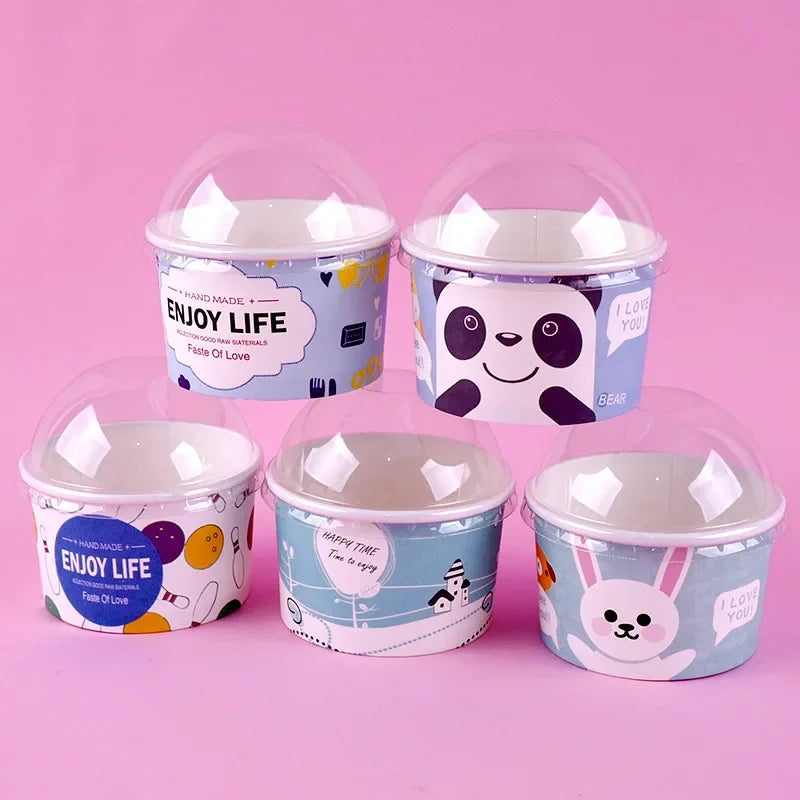 Afralia™ Cartoon Paper Cups 50PCS 100ml Small Round Disposable Dessert Ice Cream Bowl