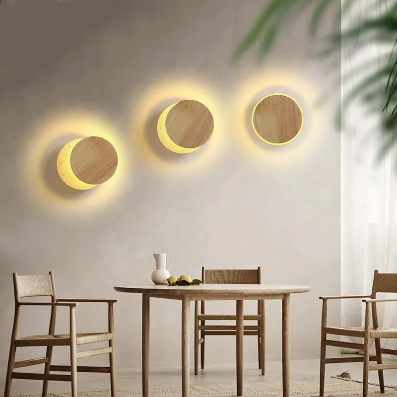 Afralia™ Solar Eclipse LED Wall Lamp: Nordic Design Wooden Base, Yellow Travertine, 360° Rotate