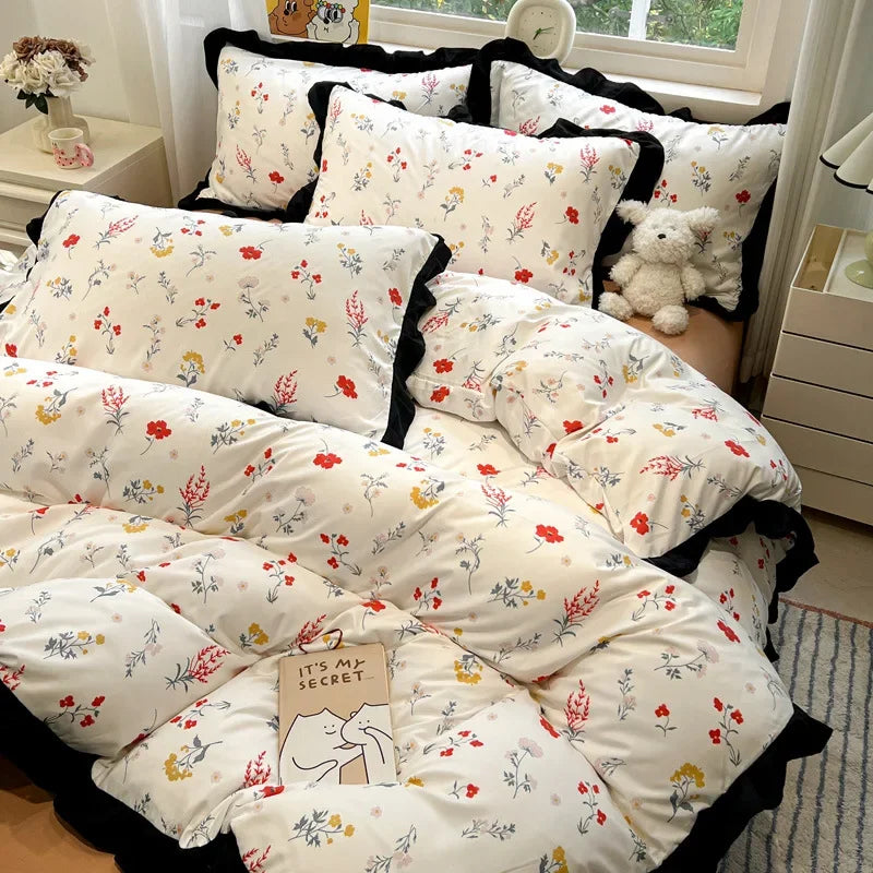 Afralia™ Black White Printed Bed Skirt Bedding Set - Cozy Skin Friendly Linens
