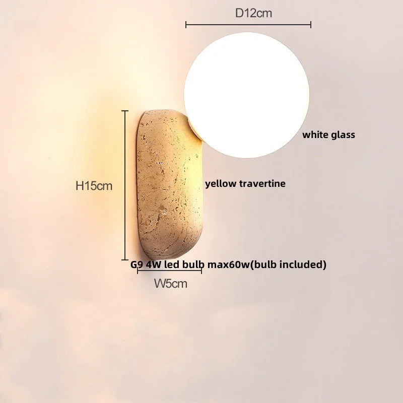 Afralia™ Wabi Sabi LED Wall Light Yellow Travertine Wood Decor Sconce Bedside Lamp