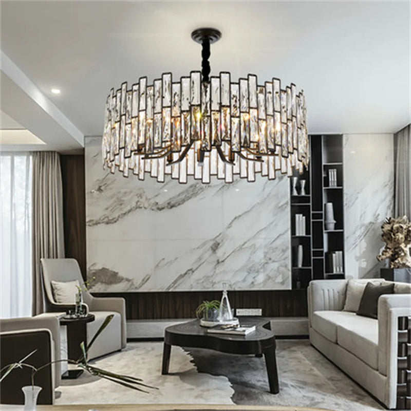 Afralia™ Black Crystal Chandelier: Elegant Round Hanging Lamp for Living Room, Dining Room & Restaurant