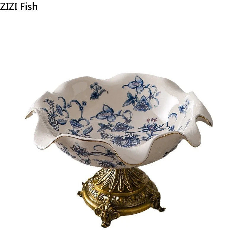 Afralia™ Blue Flower Pattern Footed Fruit Tray Dessert Plate Snack Bowl Plate