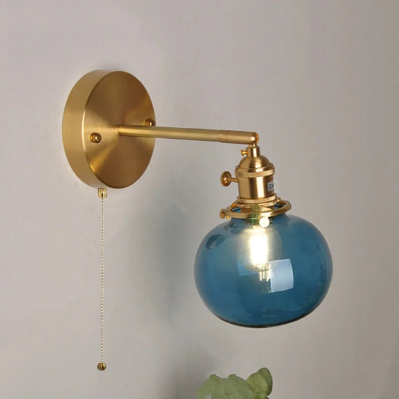 Afralia™ Blue Glass LED Wall Lamp Vintage Pull Chain Stair Light Fixtures