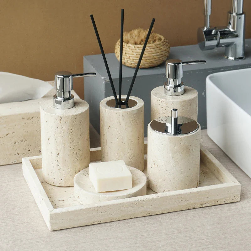 Afralia™ Beige Travertine Marble Bathroom Accessories Set - Soap Dispenser, Soap Dish, Reed Diffuser