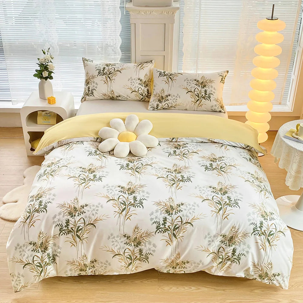 Afralia™ Flower Printed Bedding Set: Fitted Sheet, Quilt Cover, 2 Pillowcases - Twin, Full, Queen, King