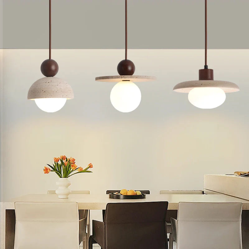 Afralia™ LED Pendant Lamp with Wood Canopy & White Glass Chandelier - Yellow Travertine Kitchen Bedroom Lighting